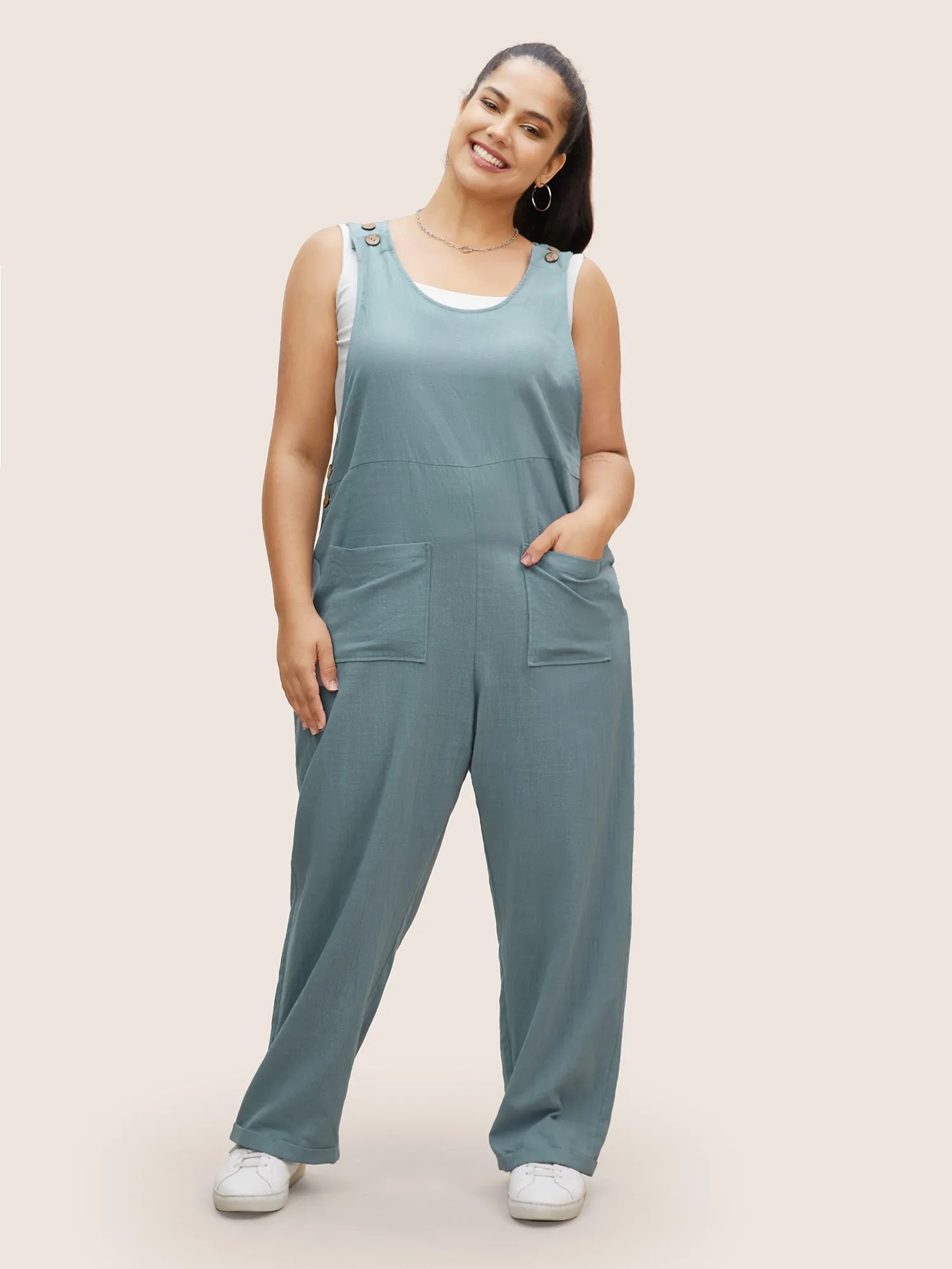 Cotton Solid Patch Pocket Button Detail Jumpsuit sold by Bloomchic