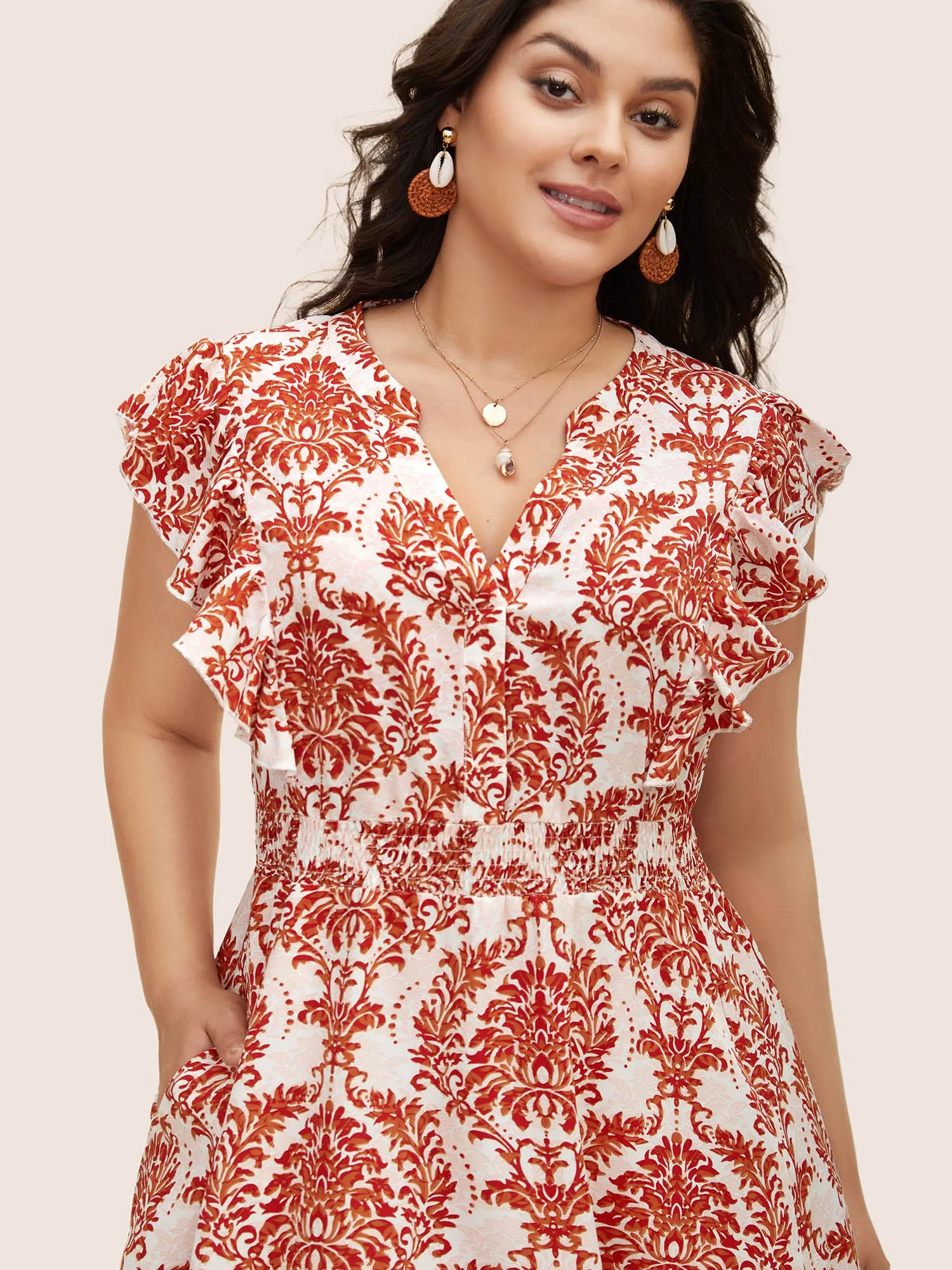 Boho Print Shirred Ruffle Cap Sleeve Dress sold by Bloomchic product image thumbnail 4