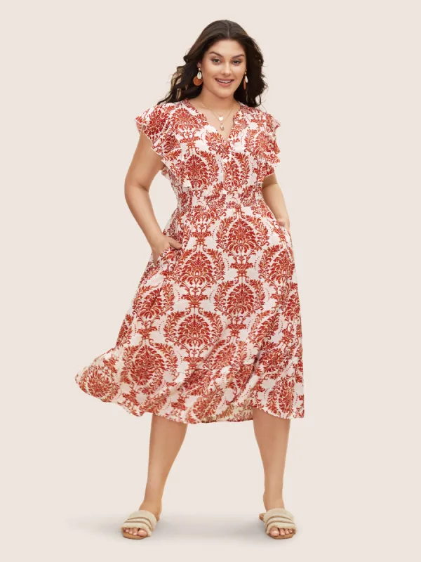 Boho Print Shirred Ruffle Cap Sleeve Dress sold by Bloomchic