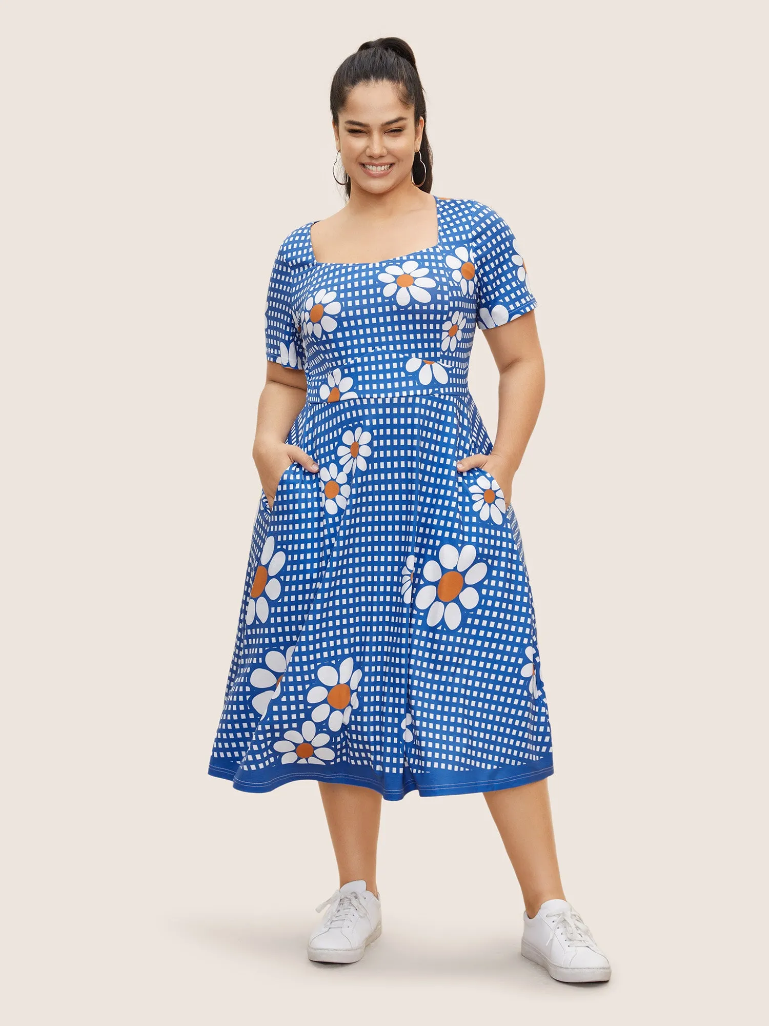 Gingham Floral Elastic Waist Midi Dress sold by Bloomchic product image thumbnail 3