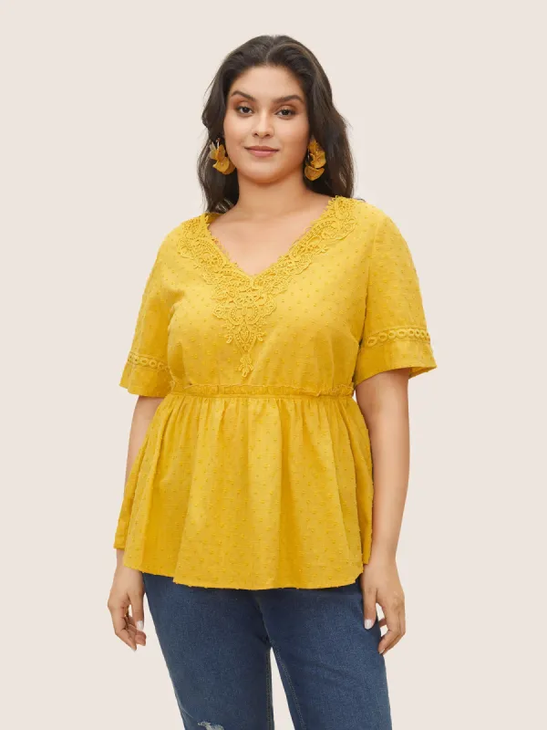 Solid Woven Ribbon Frill Trim Gathered Blouse sold by Bloomchic