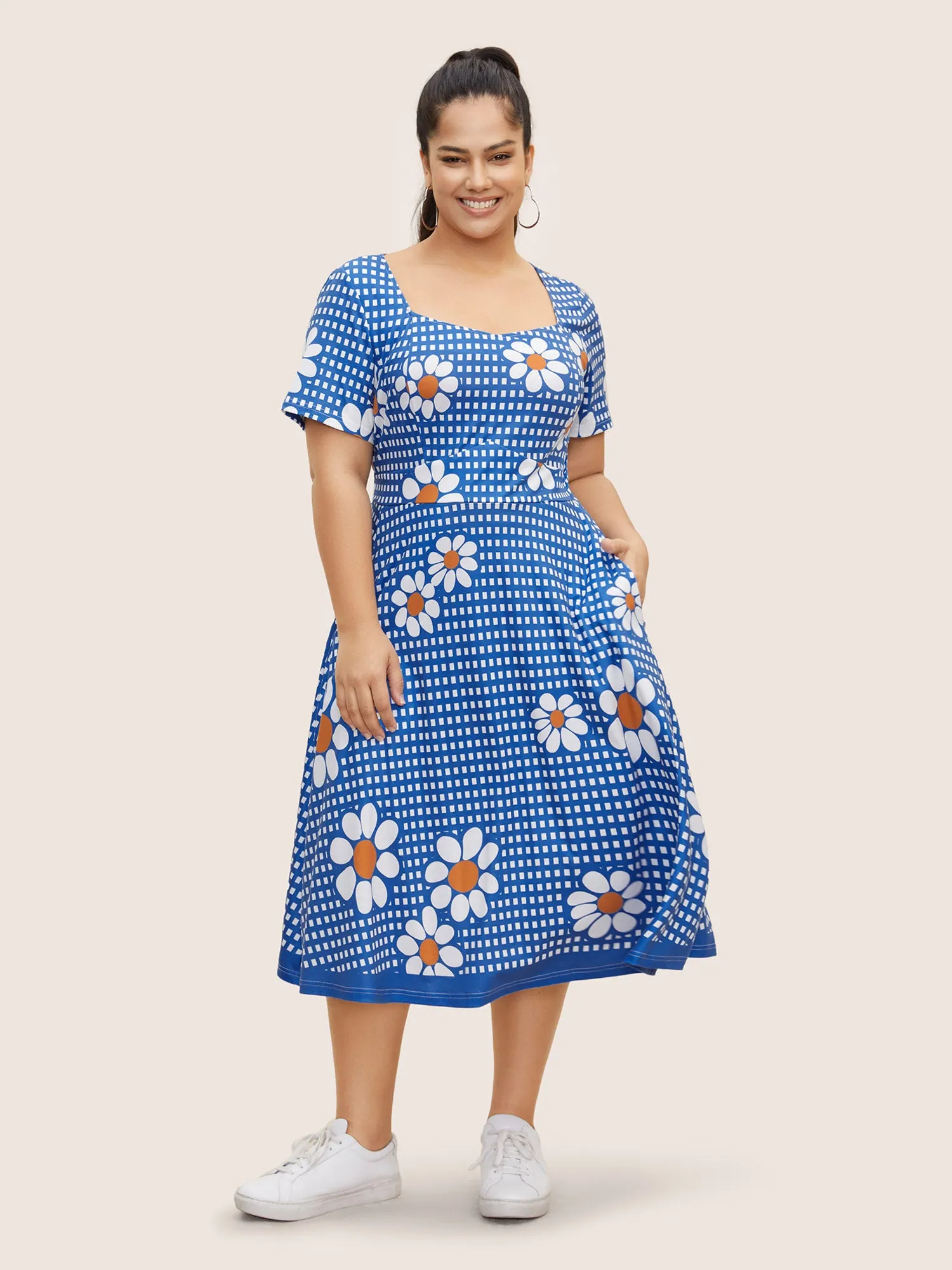 Gingham Floral Elastic Waist Midi Dress sold by Bloomchic