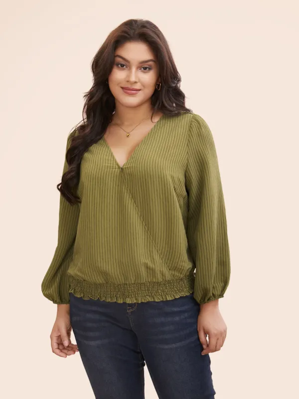 Striped Textured Overlap Collar Shirred Blouse made by Bloomchic