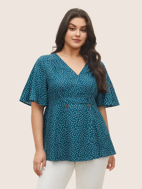 Solid Button Detail Ruffle Sleeve Gathered Blouse sold by Bloomchic