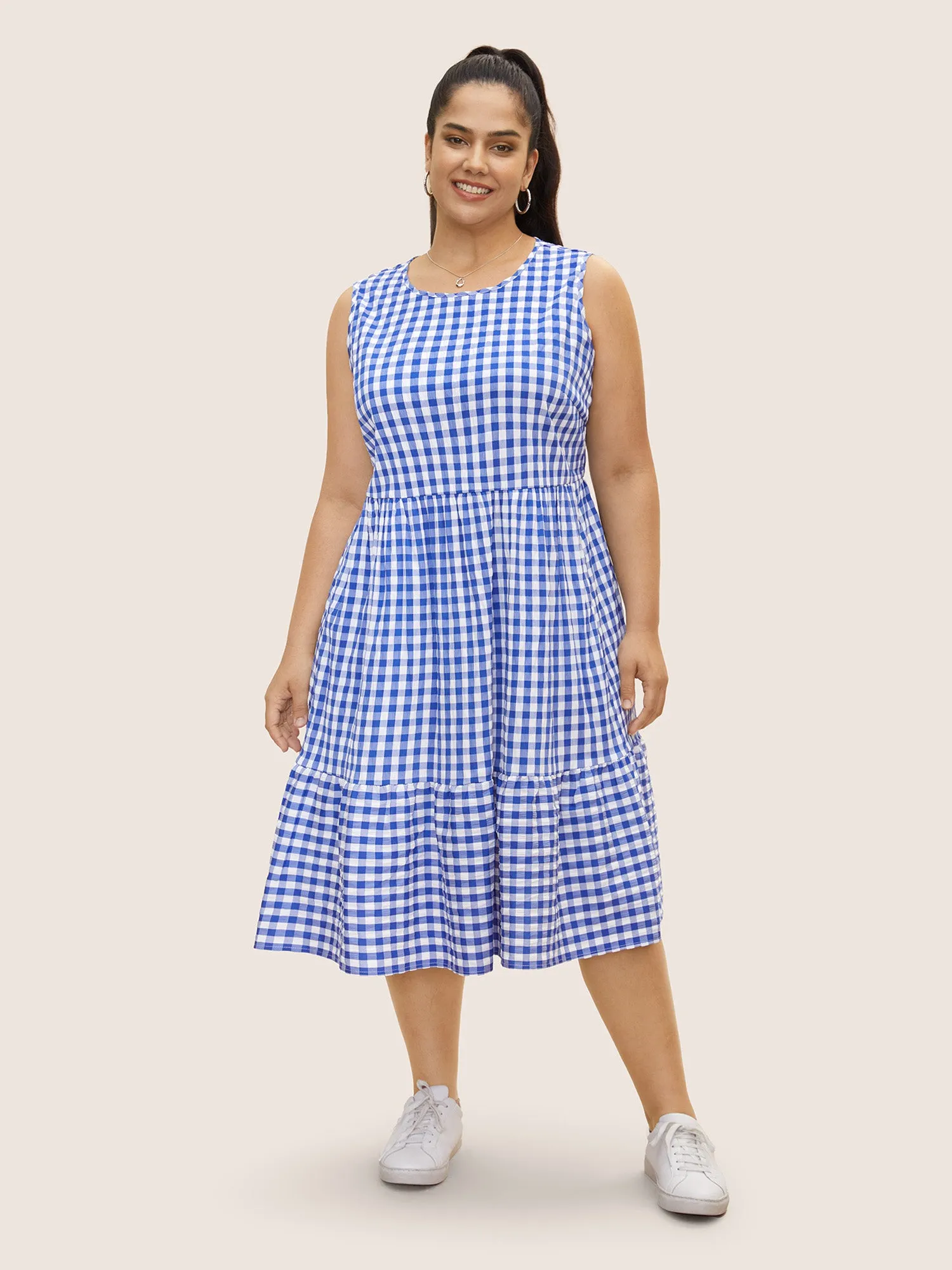 Gingham Ruffle Layered Hem Tank Midi Dress sold by Bloomchic product image thumbnail 2