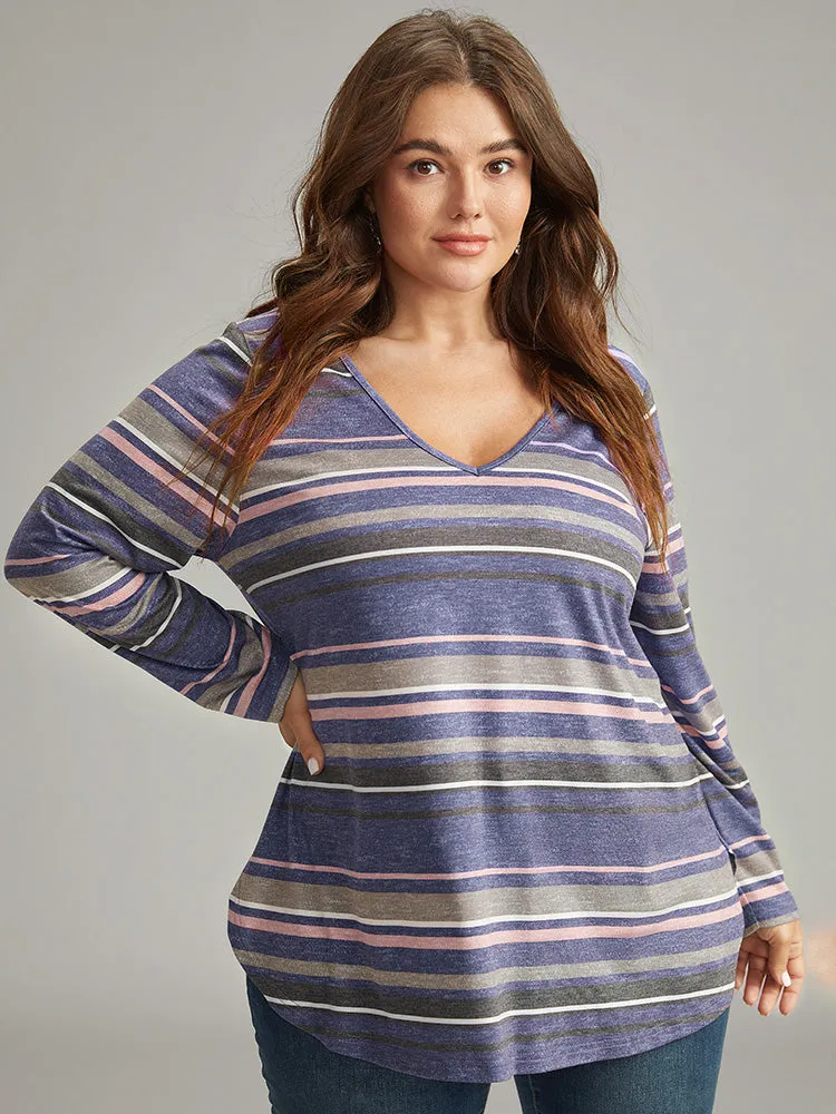 Striped Contrast Heather Arc Hem T-shirt sold by Bloomchic
