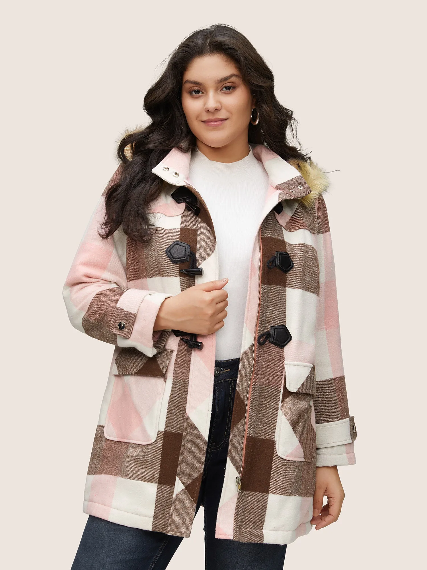 Colorblock Contrast Fuzzy Trim Duffle Button Coat sold by Bloomchic product image thumbnail 3