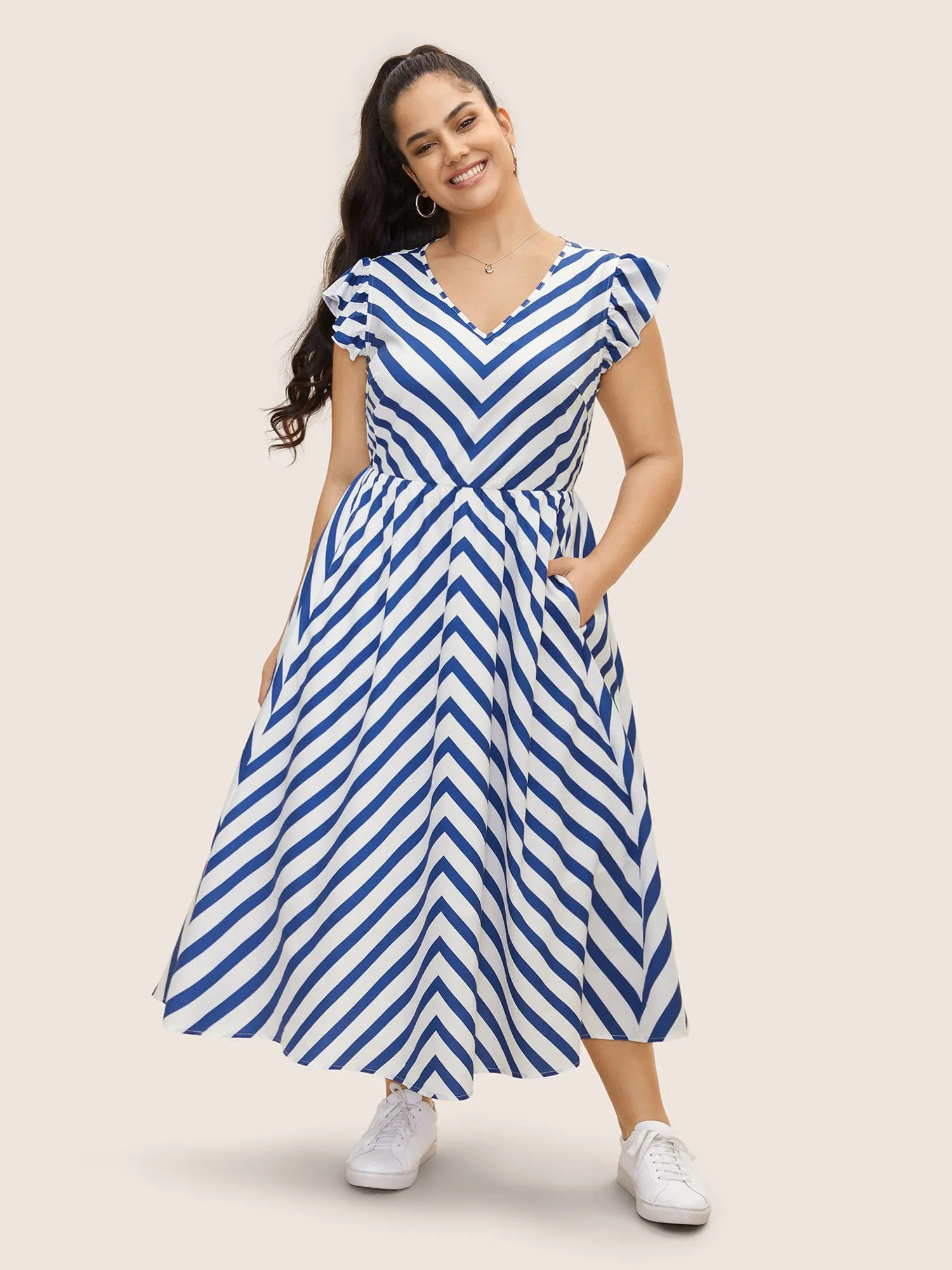 Striped Elastic Waist Ruffle Cap Sleeve Dress sold by Bloomchic