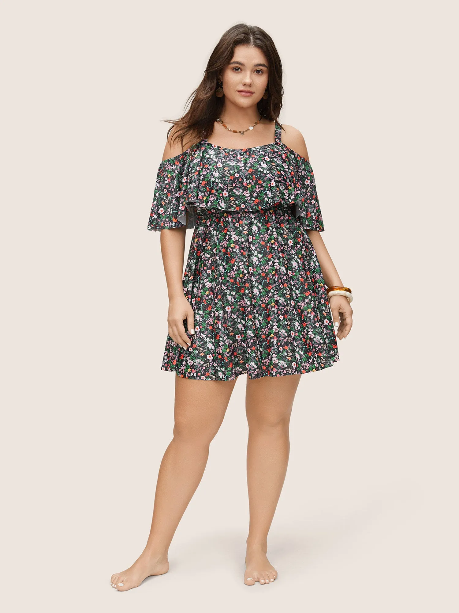 Ditsy Floral Ruffles Cold Shoulder Swim Dress sold by Bloomchic product image thumbnail 3