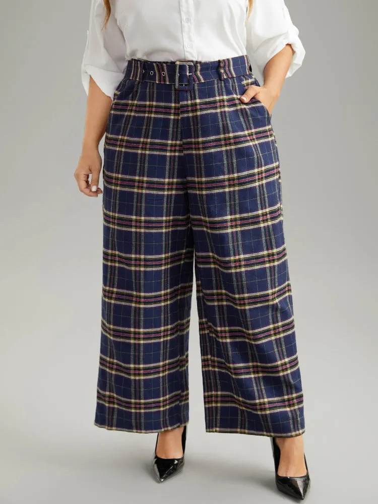 Plaid Pocket Eyelet Belted Straight Leg Pants sold by Bloomchic