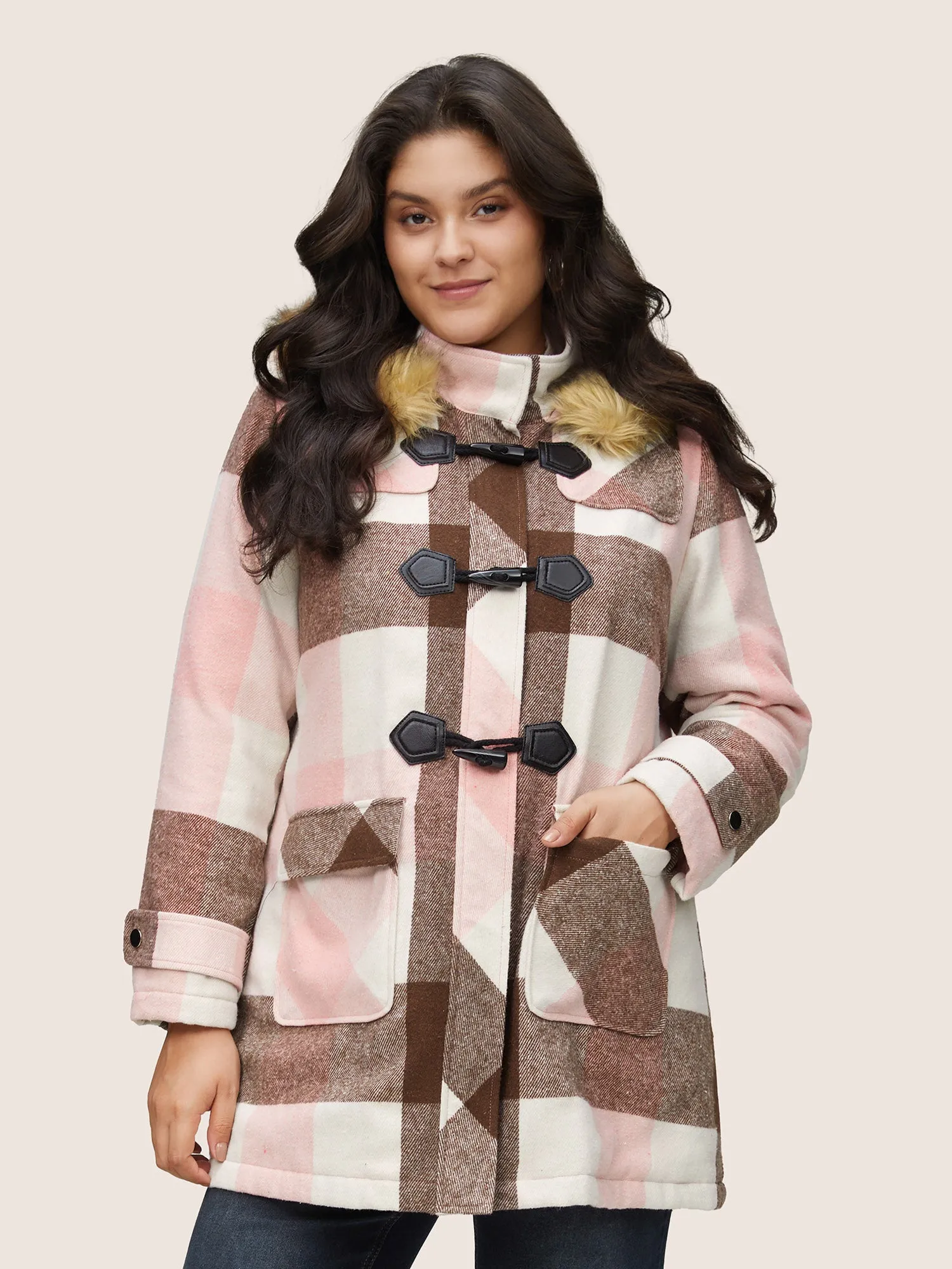 Colorblock Contrast Fuzzy Trim Duffle Button Coat sold by Bloomchic