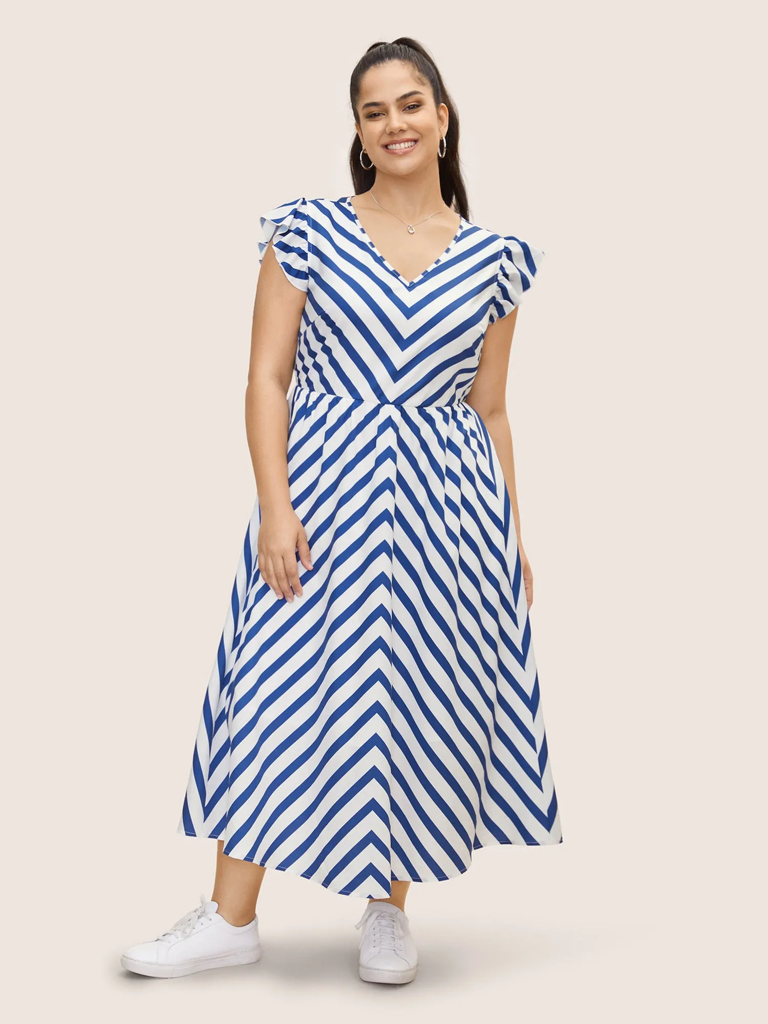 Striped Elastic Waist Ruffle Cap Sleeve Dress sold by Bloomchic product image thumbnail 3