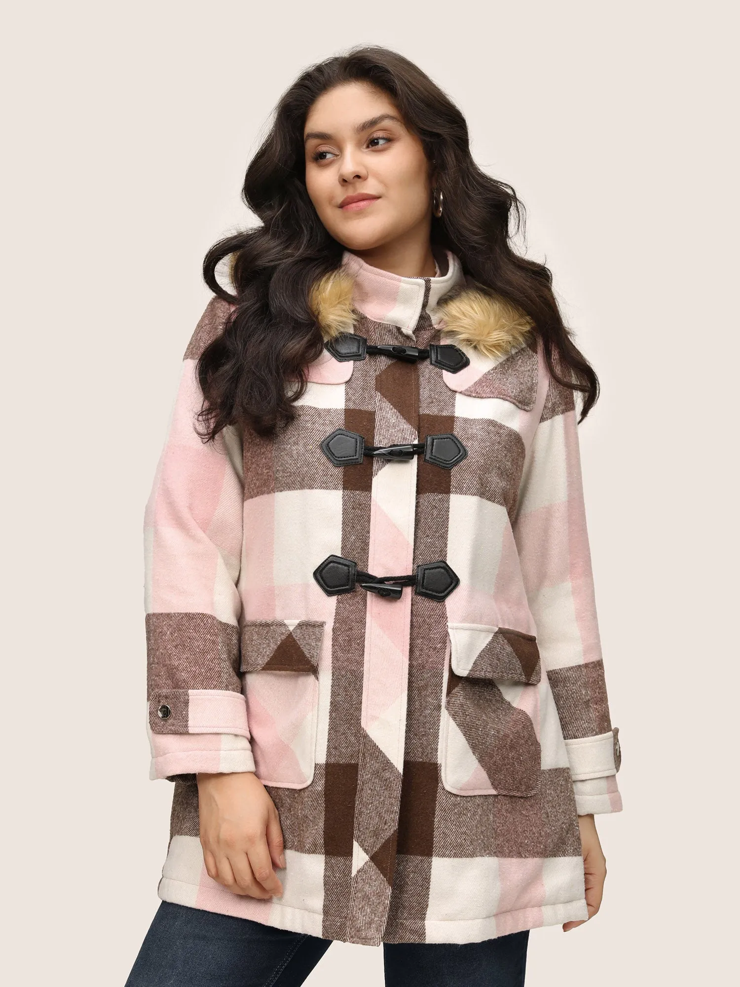 Colorblock Contrast Fuzzy Trim Duffle Button Coat sold by Bloomchic product image thumbnail 2