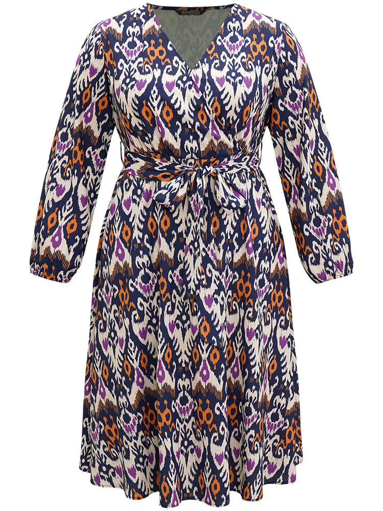 Boho Print Overlap Collar Elastic Waist Belted Dress sold by Bloomchic product image thumbnail 5