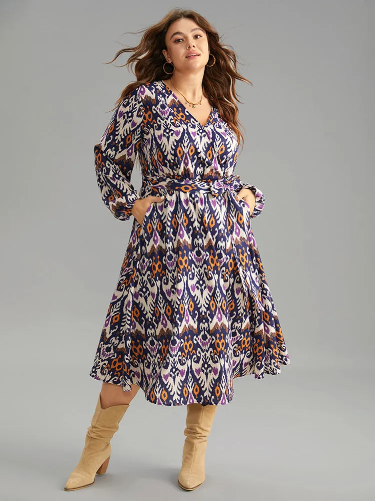 Boho Print Overlap Collar Elastic Waist Belted Dress sold by Bloomchic