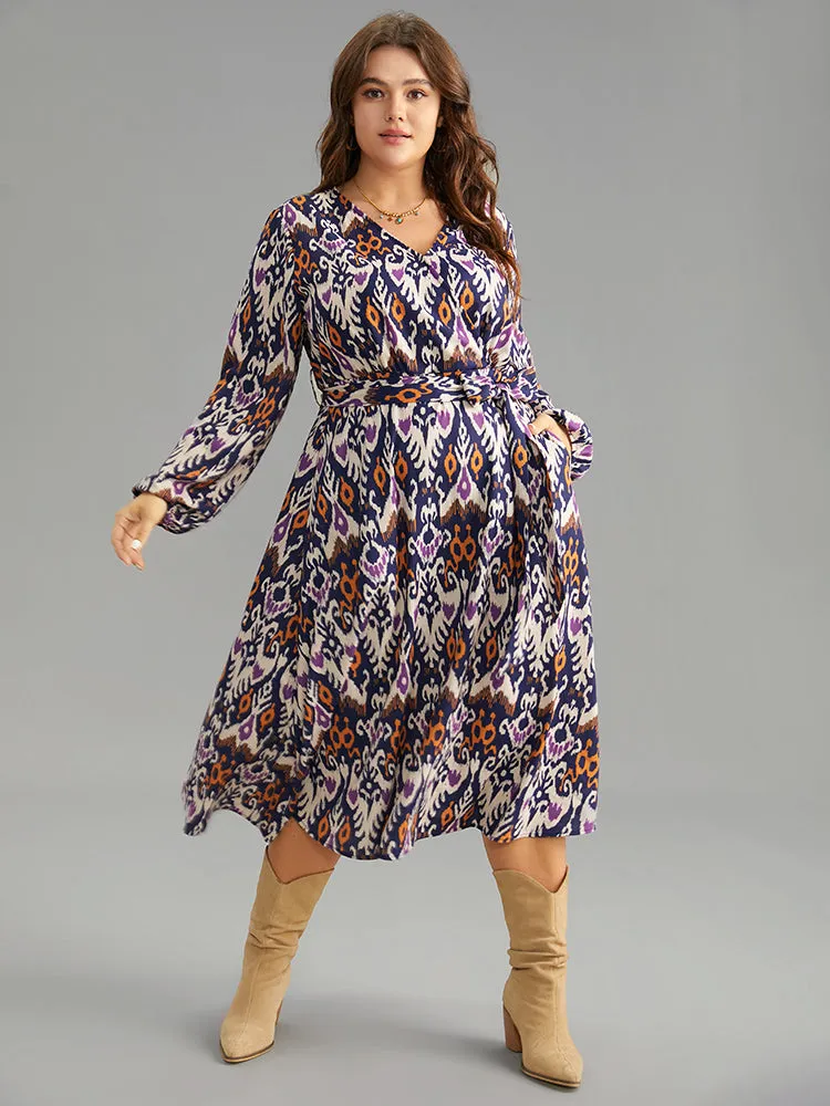 Boho Print Overlap Collar Elastic Waist Belted Dress sold by Bloomchic product image thumbnail 4
