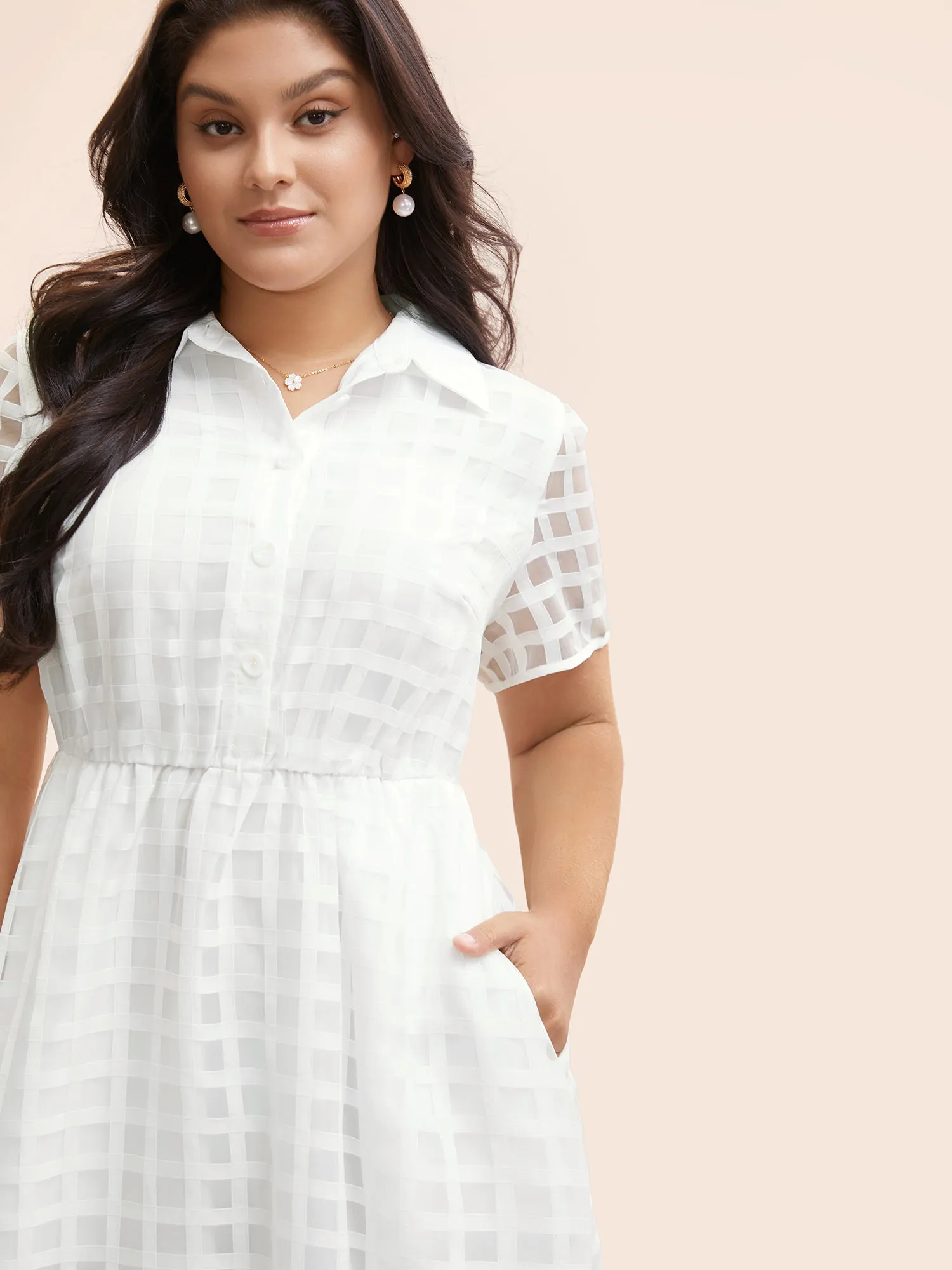 Shirt Collar Gingham Mesh Button Up Dress sold by Bloomchic product image thumbnail 4