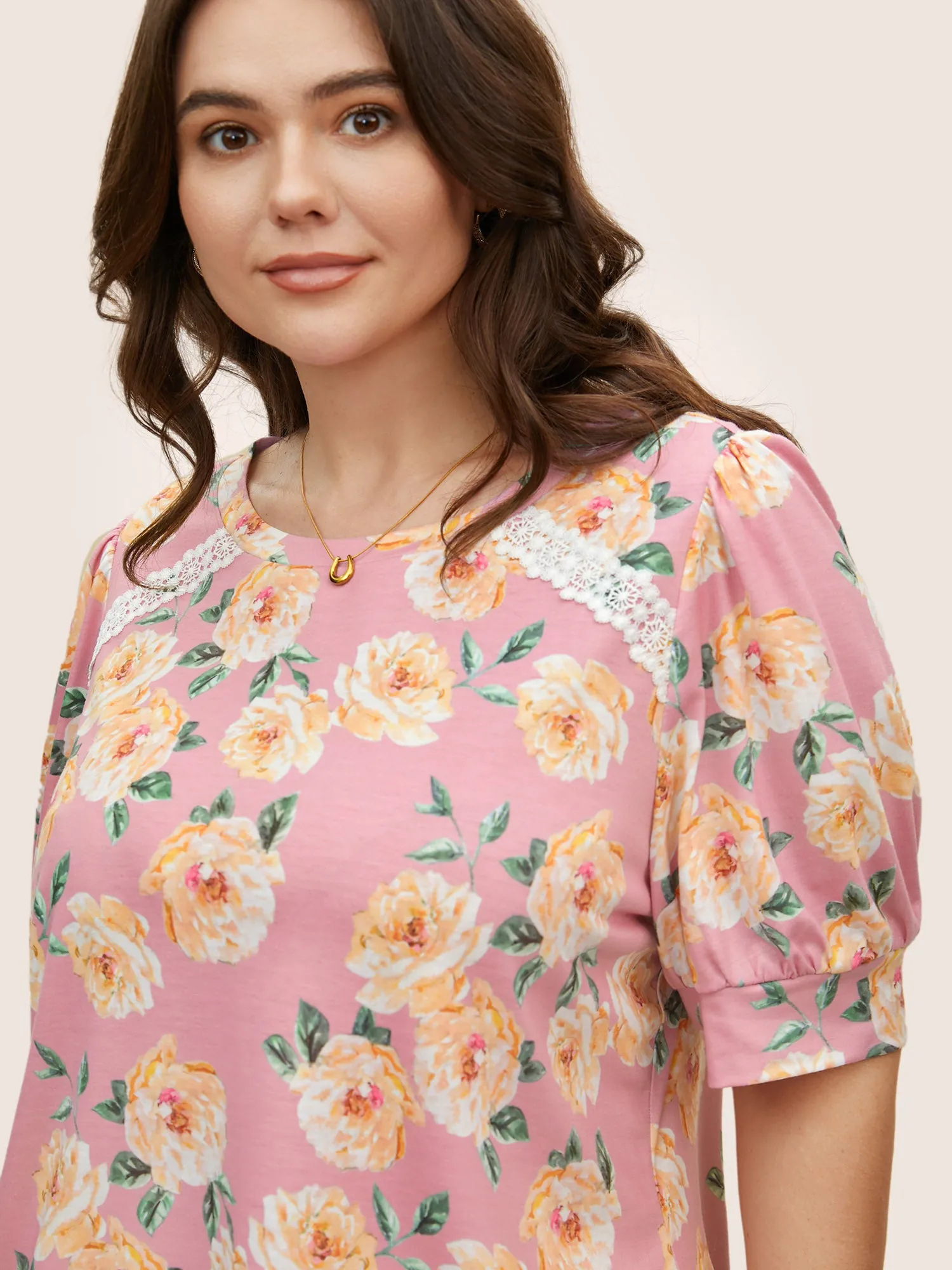 Natural Flowers Lace Panel Lantern Sleeve T-shirt sold by Bloomchic product image thumbnail 4