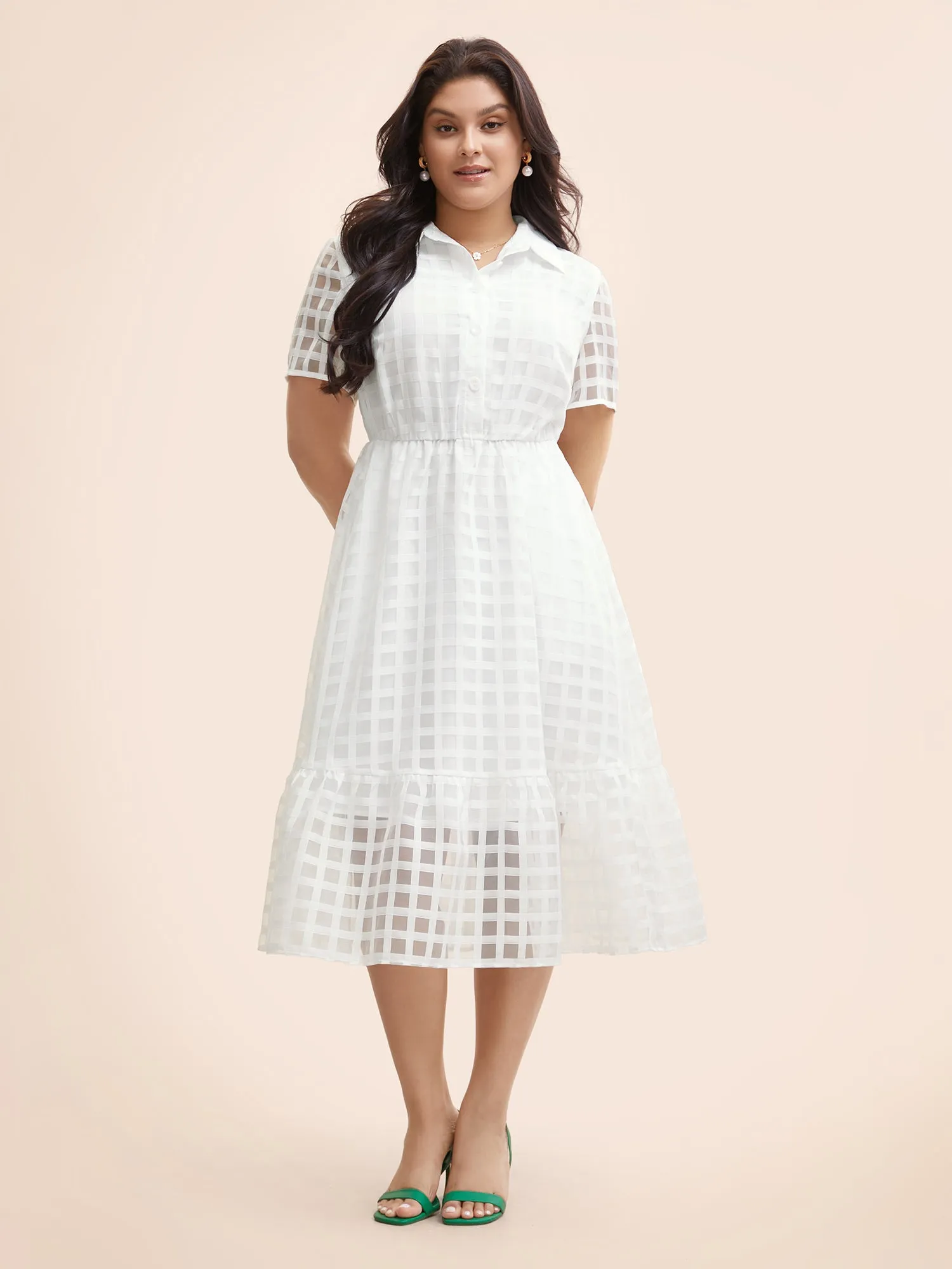 Shirt Collar Gingham Mesh Button Up Dress sold by Bloomchic product image thumbnail 2
