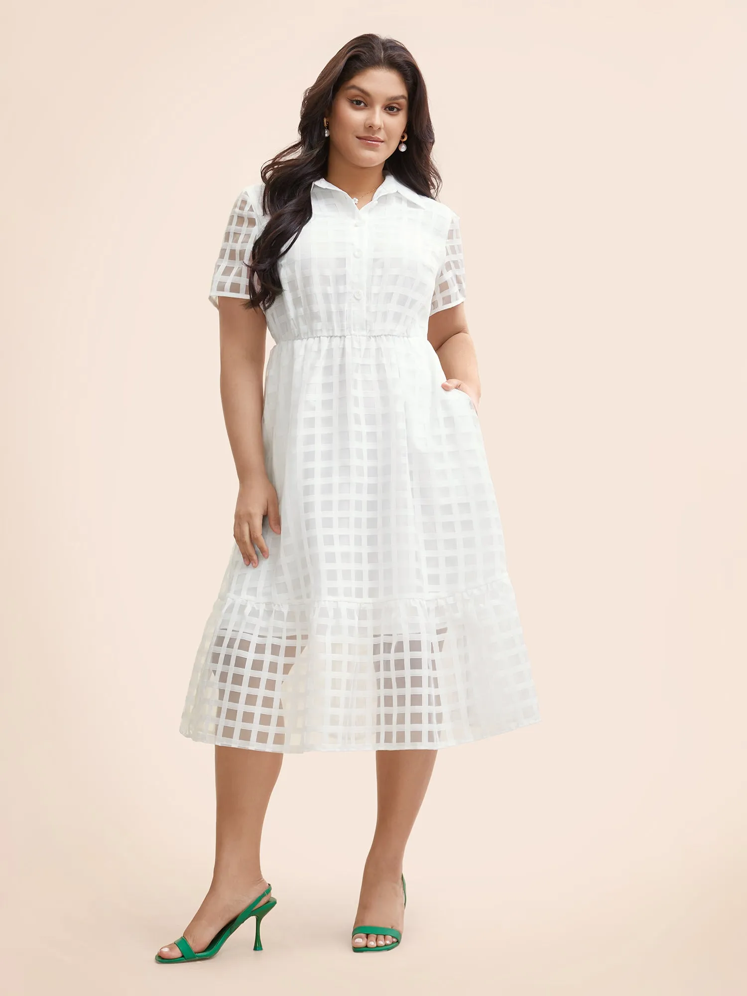 Shirt Collar Gingham Mesh Button Up Dress sold by Bloomchic