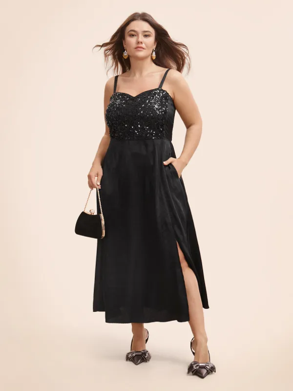 Sequin Patchwork Split Hem Cami Dress sold by Bloomchic