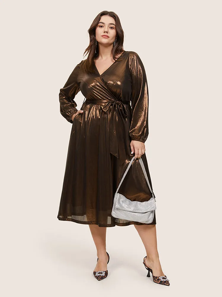 Metallic Belted Wrap Lantern Sleeve Dress sold by Bloomchic product image thumbnail 4