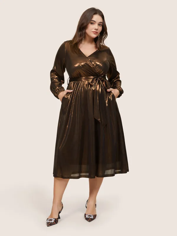 Metallic Belted Wrap Lantern Sleeve Dress sold by Bloomchic
