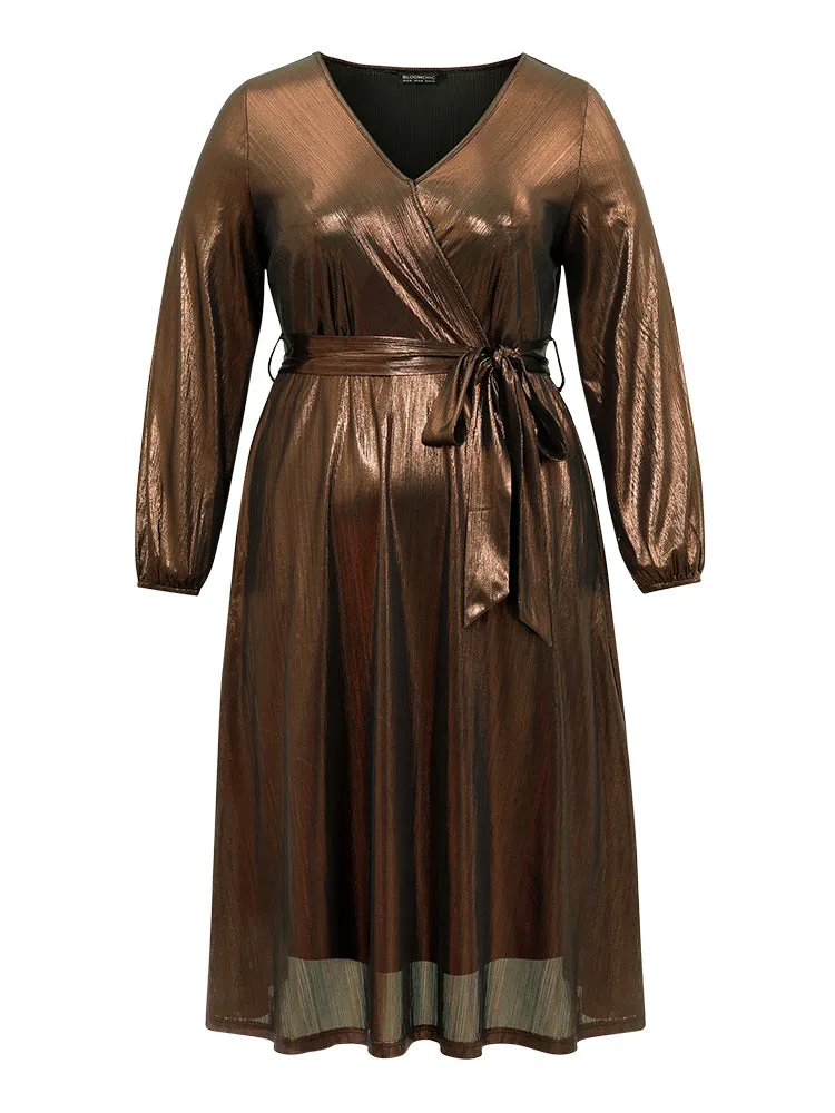 Metallic Belted Wrap Lantern Sleeve Dress sold by Bloomchic product image thumbnail 5
