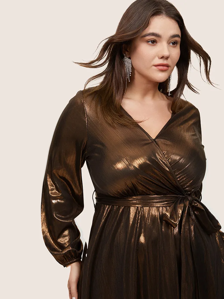 Metallic Belted Wrap Lantern Sleeve Dress sold by Bloomchic product image thumbnail 2