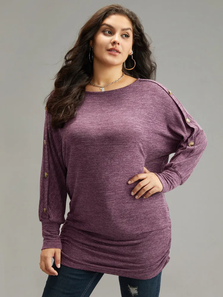 Plain Button Detail Ruched Hem T-shirt sold by Bloomchic