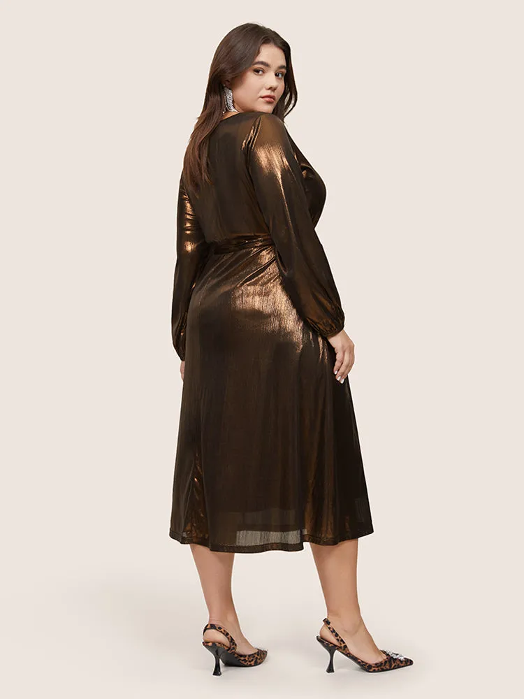 Metallic Belted Wrap Lantern Sleeve Dress sold by Bloomchic product image thumbnail 3