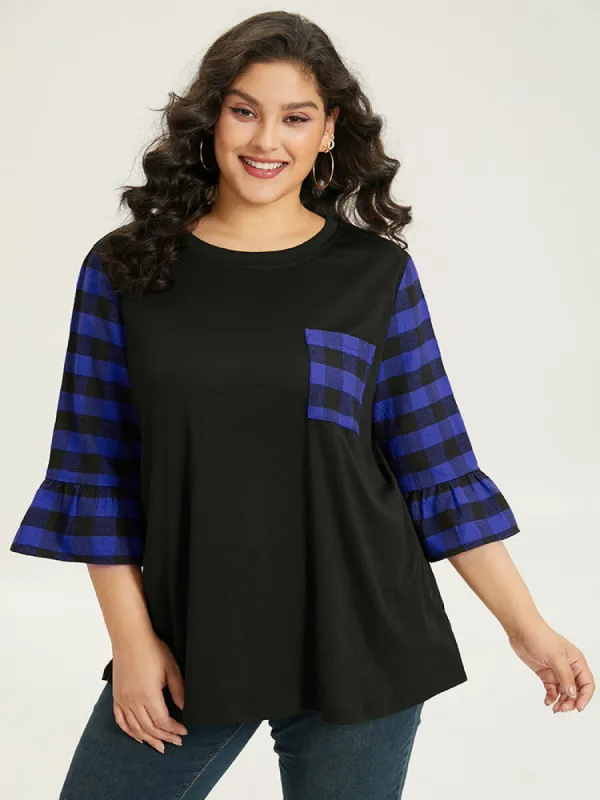 Plaid Patched Pocket Patchwork Contrast Bell Sleeve T-shirt sold by Bloomchic