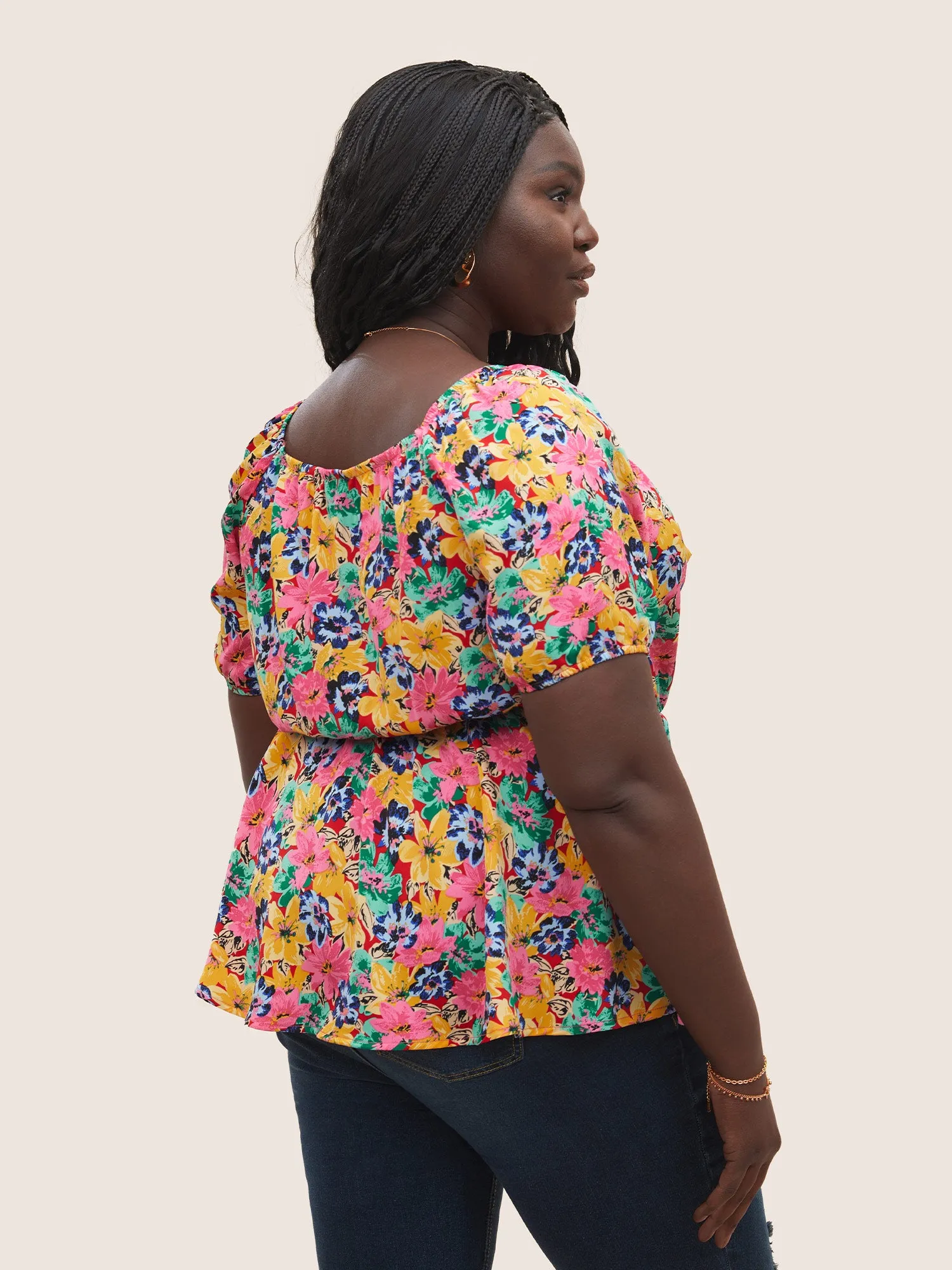 Floral Elastic Waist Ties Lantern Sleeve Blouse sold by Bloomchic product image thumbnail 4