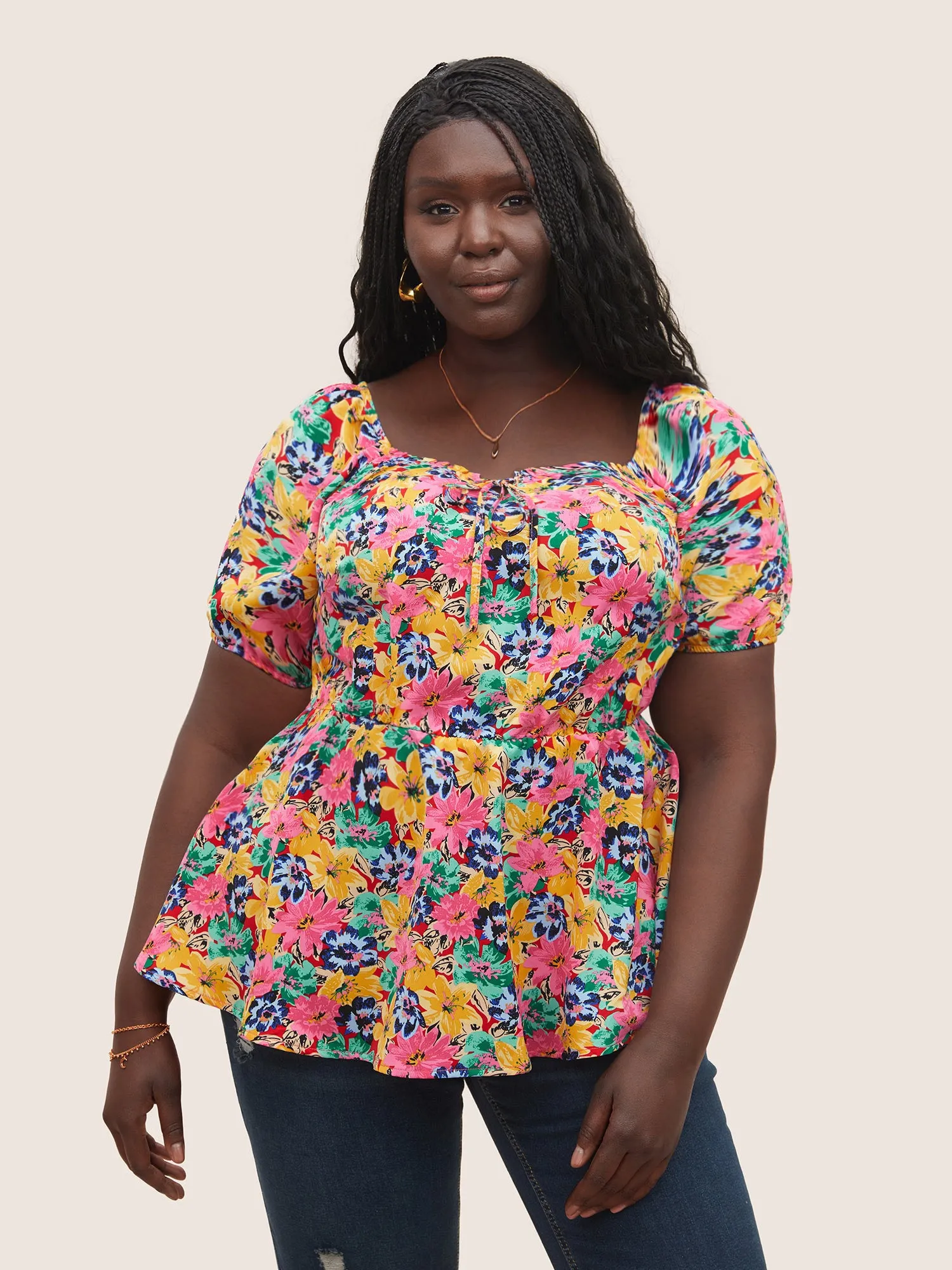 Floral Elastic Waist Ties Lantern Sleeve Blouse sold by Bloomchic