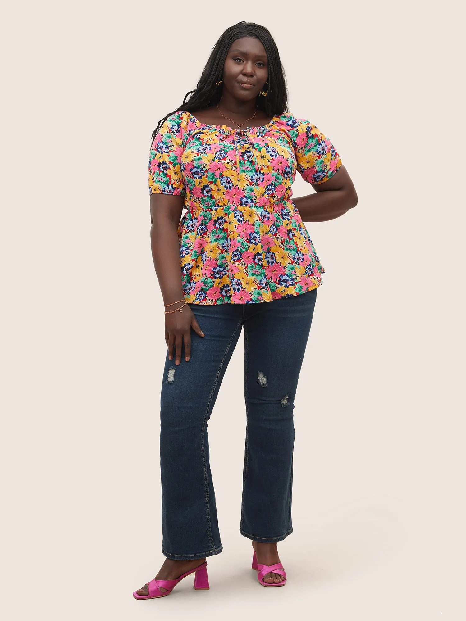 Floral Elastic Waist Ties Lantern Sleeve Blouse sold by Bloomchic product image thumbnail 2