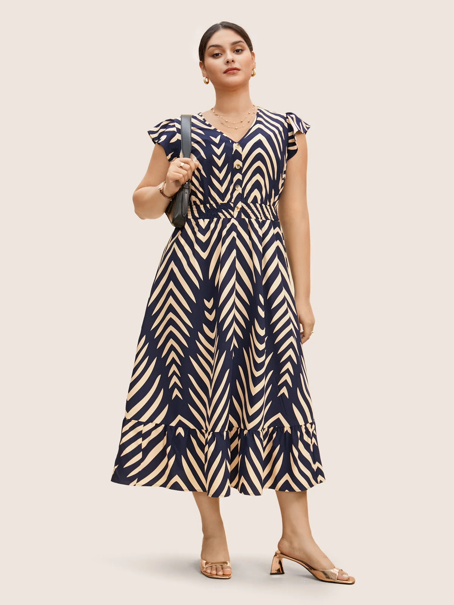 Striped Shirred Button Detail Ruffle Cap Sleeve Dress sold by Bloomchic product image thumbnail 3