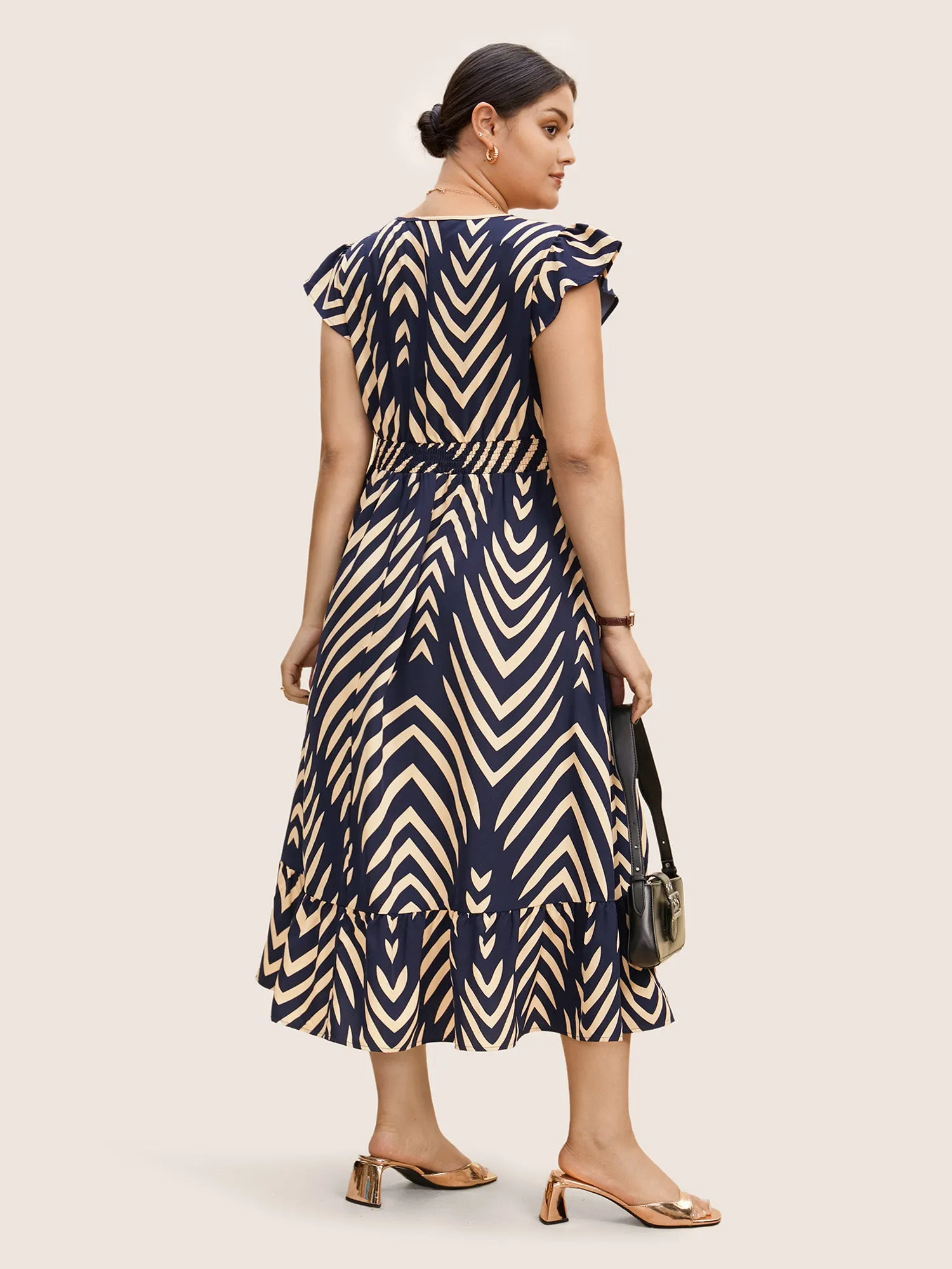 Striped Shirred Button Detail Ruffle Cap Sleeve Dress sold by Bloomchic product image thumbnail 5