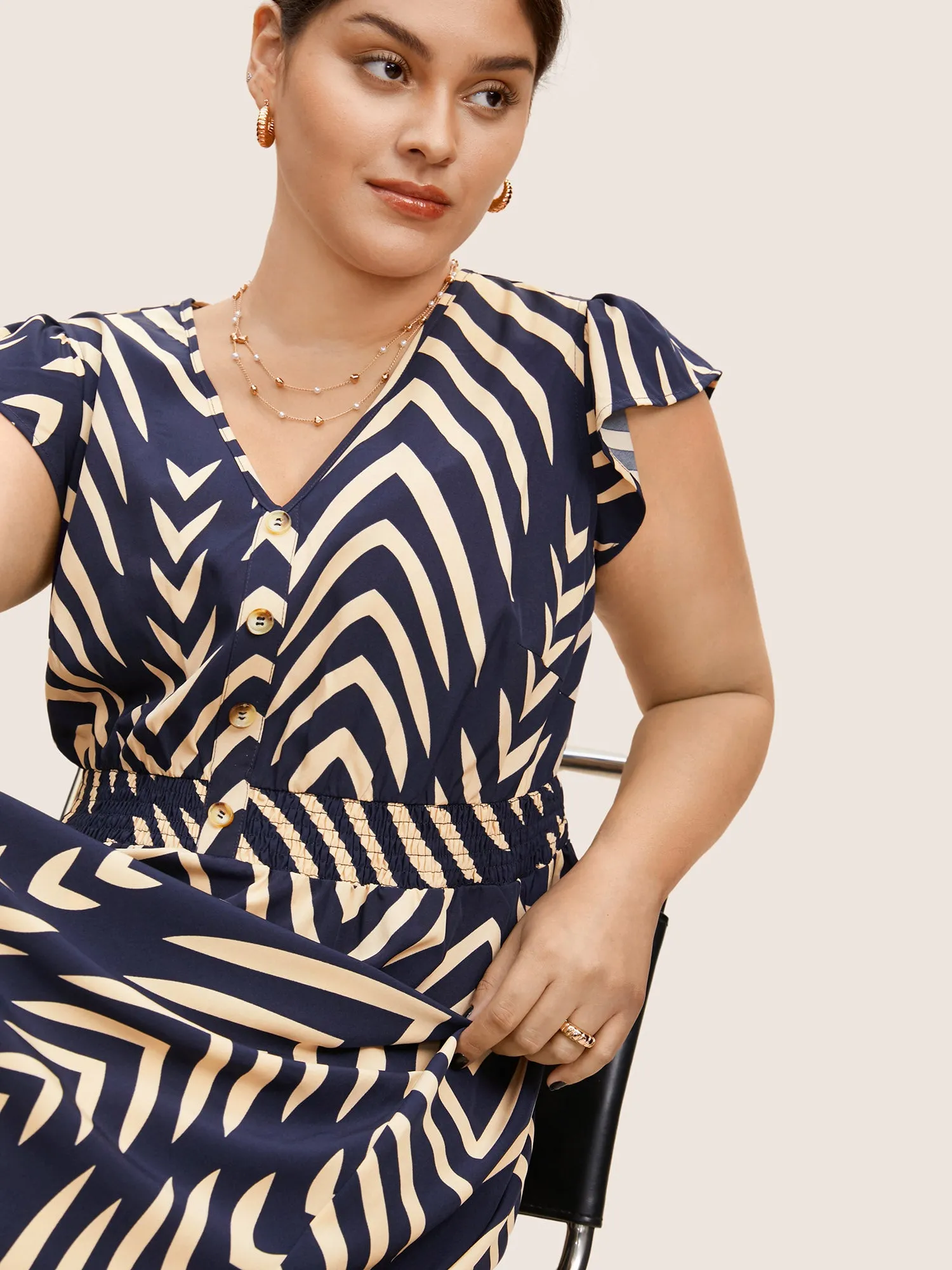 Striped Shirred Button Detail Ruffle Cap Sleeve Dress sold by Bloomchic product image thumbnail 2