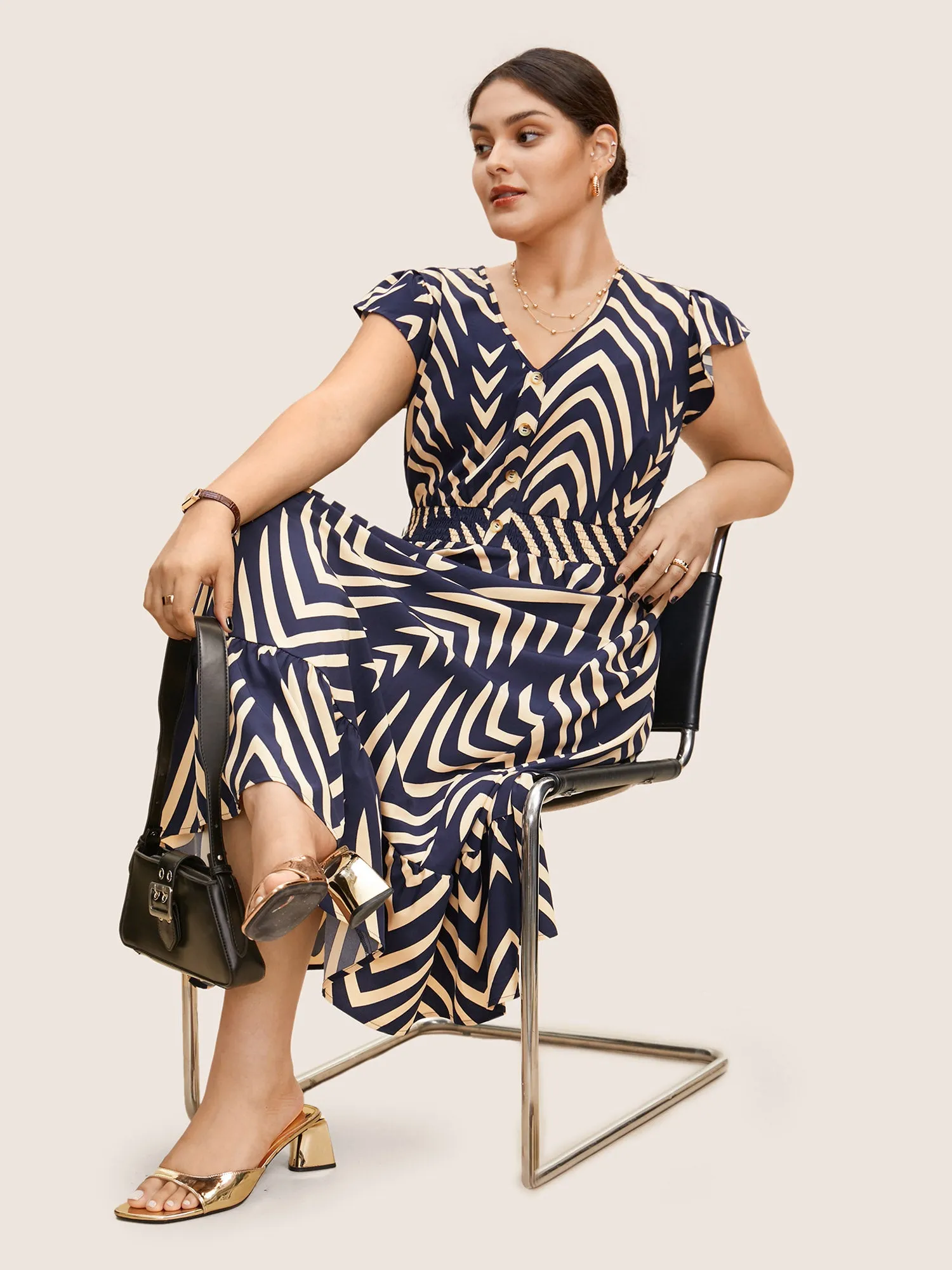 Striped Shirred Button Detail Ruffle Cap Sleeve Dress sold by Bloomchic product image thumbnail 4