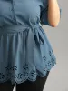 Static-Free Laser Cut Belted Scalloped Trim Blouse sold by Bloomchic
