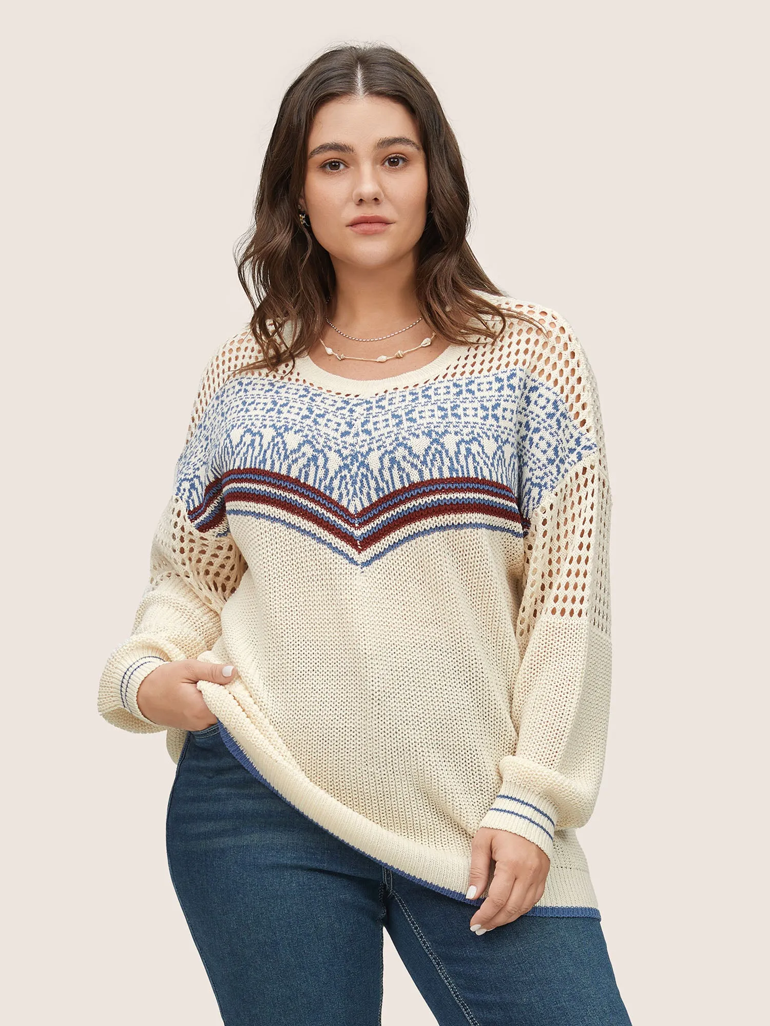 Graphic Contrast Patchwork Hollow Out Pullover sold by Bloomchic