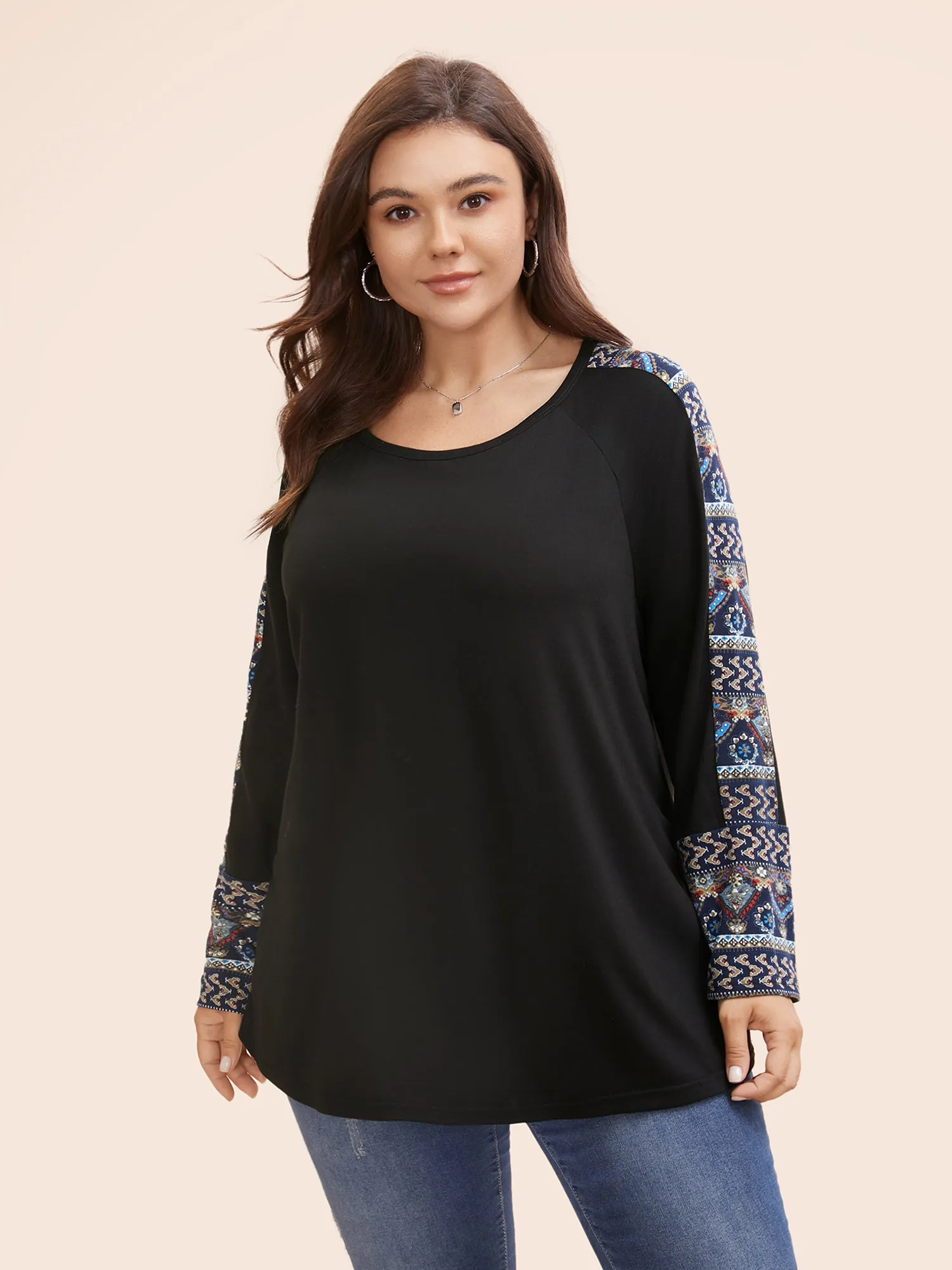 Bandana Print Patchwork Round Neck T-shirt sold by Bloomchic
