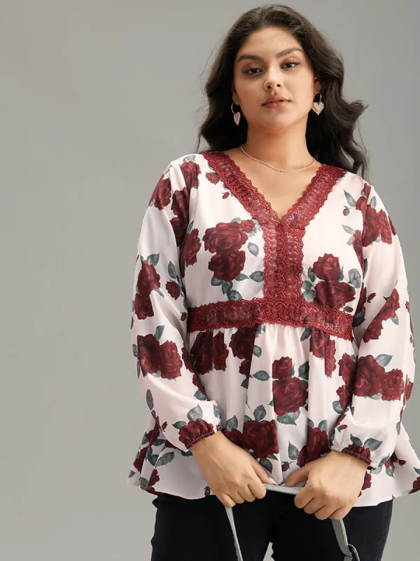 Floral Print Eyelet Lace Lantern Sleeve Blouse sold by Bloomchic
