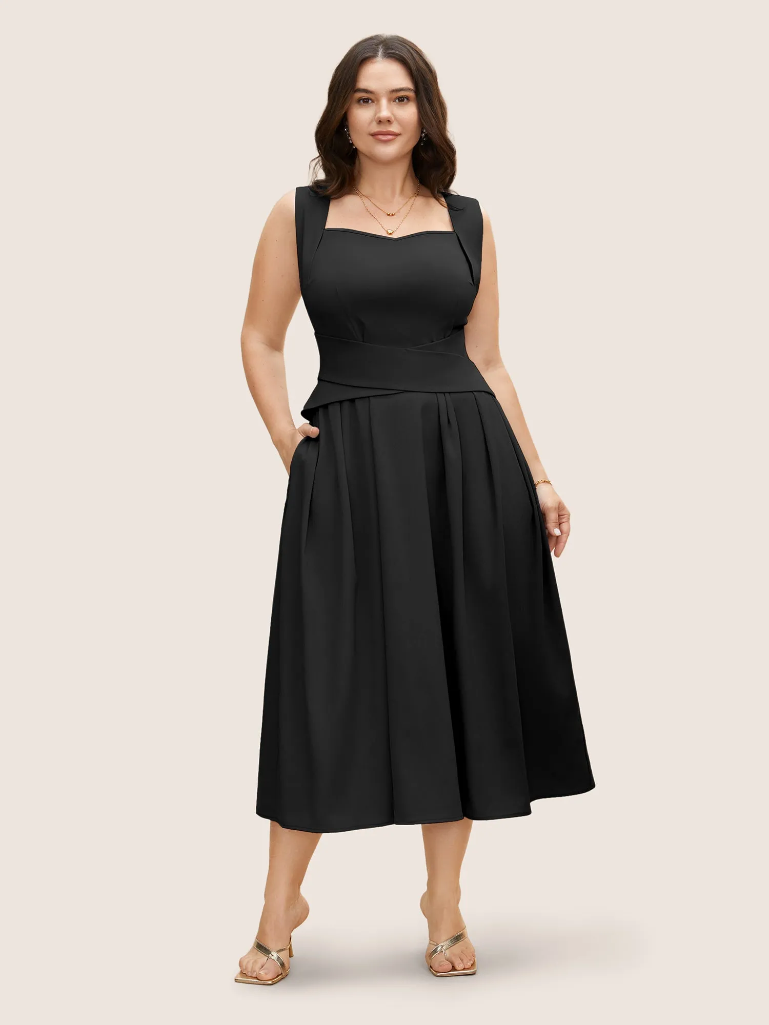 Heart Neckline Crossover Shirred Midi Dress sold by Bloomchic