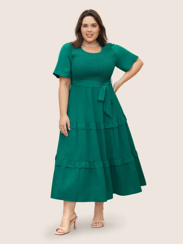 Round Neck Solid Ruffles Shirred Belted Dress sold by Bloomchic