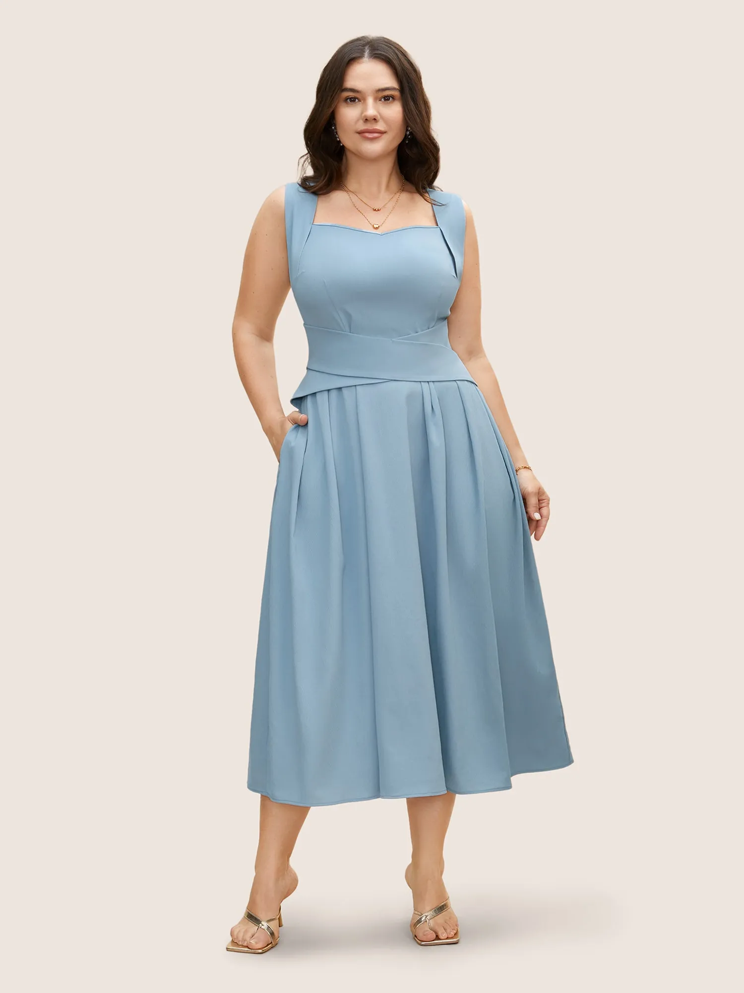 Heart Neckline Crossover Shirred Midi Dress sold by Bloomchic product image thumbnail 5
