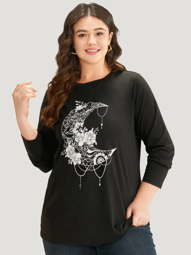 Moon & Floral Print Round Neck T-shirt sold by Bloomchic product image thumbnail 4