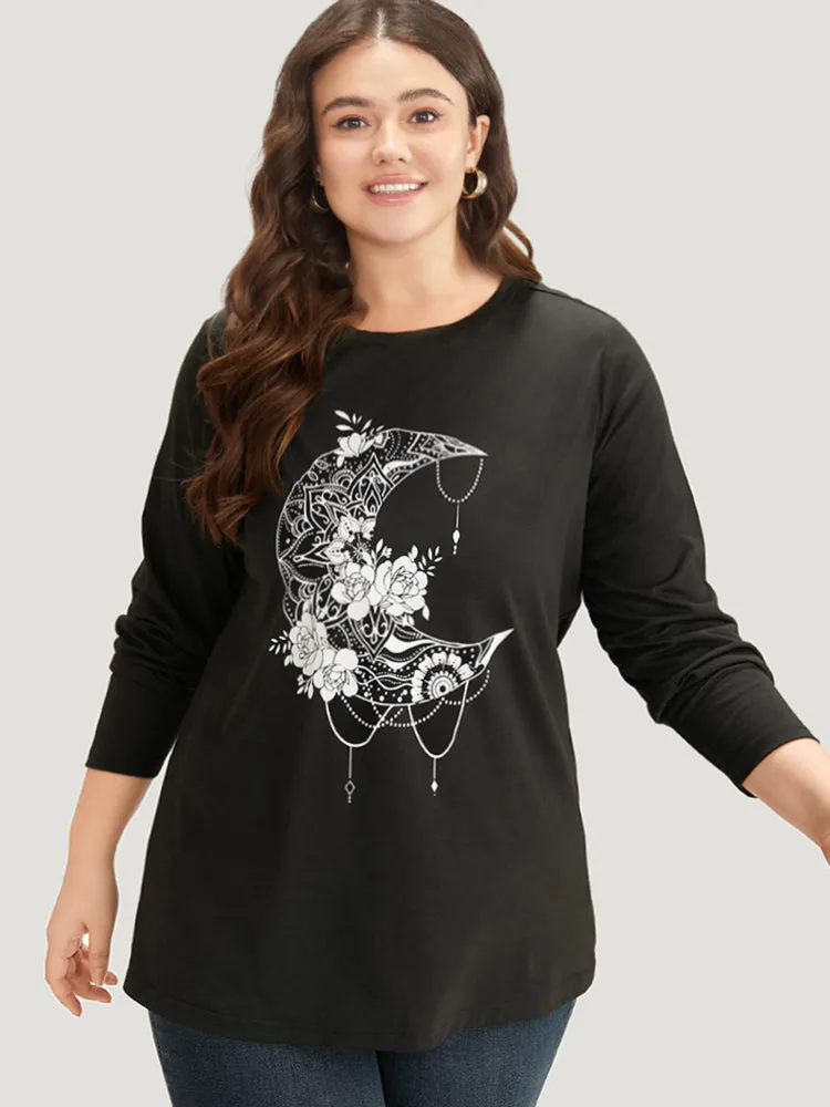 Moon & Floral Print Round Neck T-shirt sold by Bloomchic