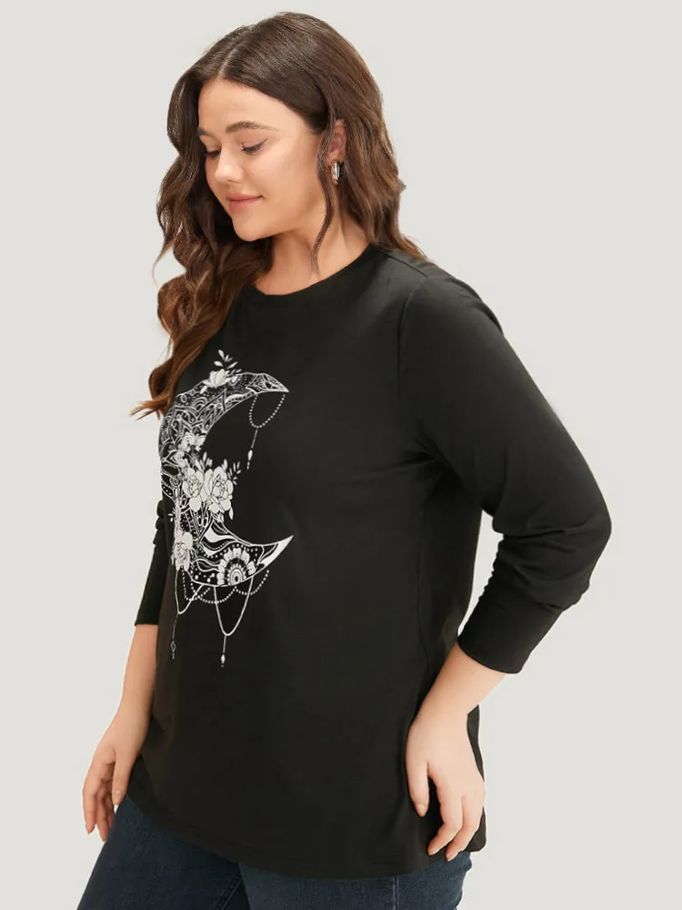 Moon & Floral Print Round Neck T-shirt sold by Bloomchic product image thumbnail 5