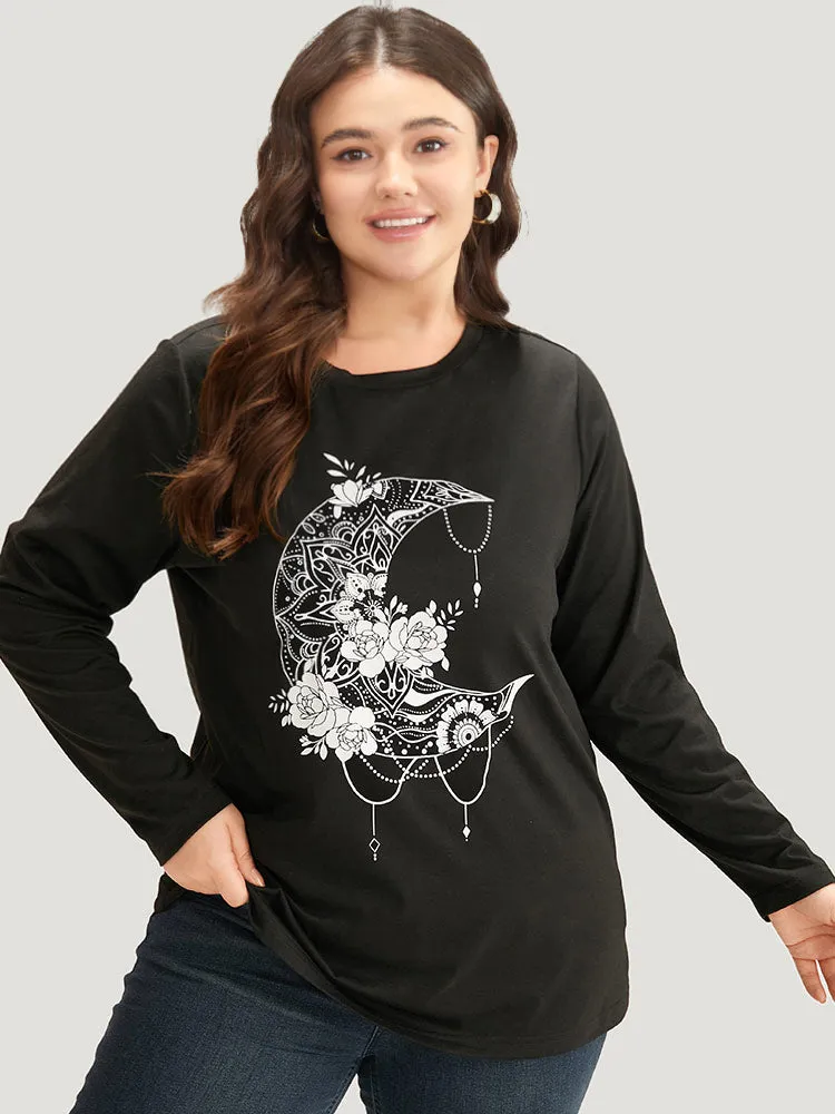 Moon & Floral Print Round Neck T-shirt sold by Bloomchic product image thumbnail 3